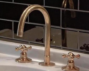 Unlacquered Solid Brass Bathroom Faucet: 3-Hole Deck Mount Vanity Sink