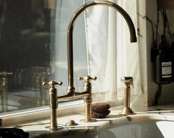 Unlacquered Brass Kitchen Faucet - Antique Style - Solid Brass Bridge Faucet - Sink Faucet - Kitchen Faucets - Brass Sink Fixture
