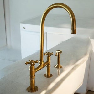 Unlacquered Brass Bridge Kitchen Faucet: Vintage Style Solid Brass Fixture