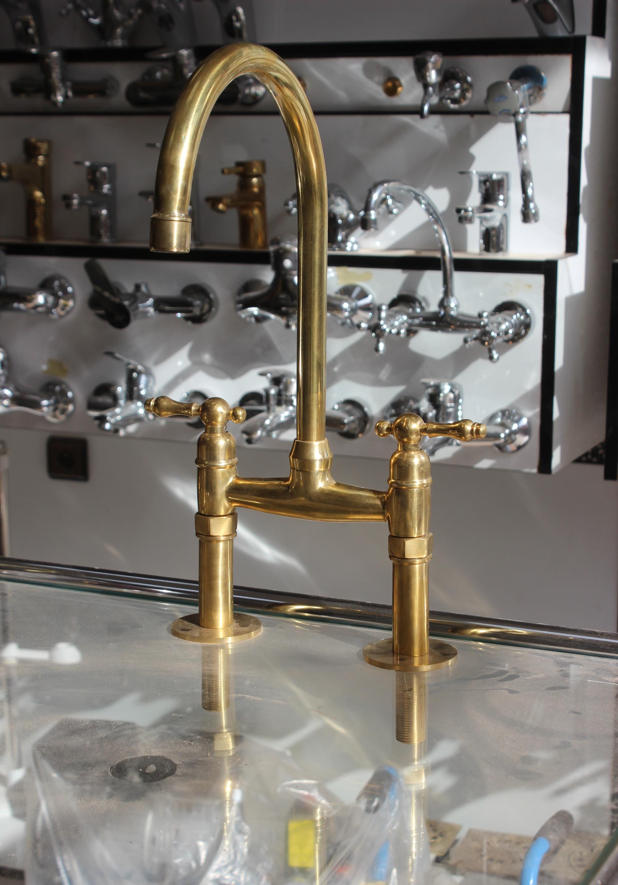 Unlacquered Brass Kitchen Faucet - Antique Style - Solid Brass Bridge Faucet - Sink Faucet - Kitchen Faucets - Brass Sink Fixture