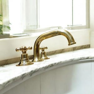 Unlacquered Brass Deck Mounted Sink Fauce, Lavatory Faucet Sink, Bathroom Faucet 3 Hole, Solid Brass Bathroom Faucet, Brass Sink Faucet