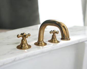 Unlacquered Brass Bathroom Faucet: Deck Mounted 3-Hole Sink