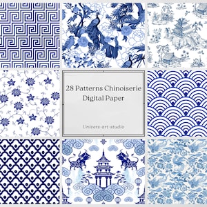 Digital paper 28 chinoiserie patterns / chinese patterns, blue and white paper, french, china, asia, sublimation, decoupage 8089