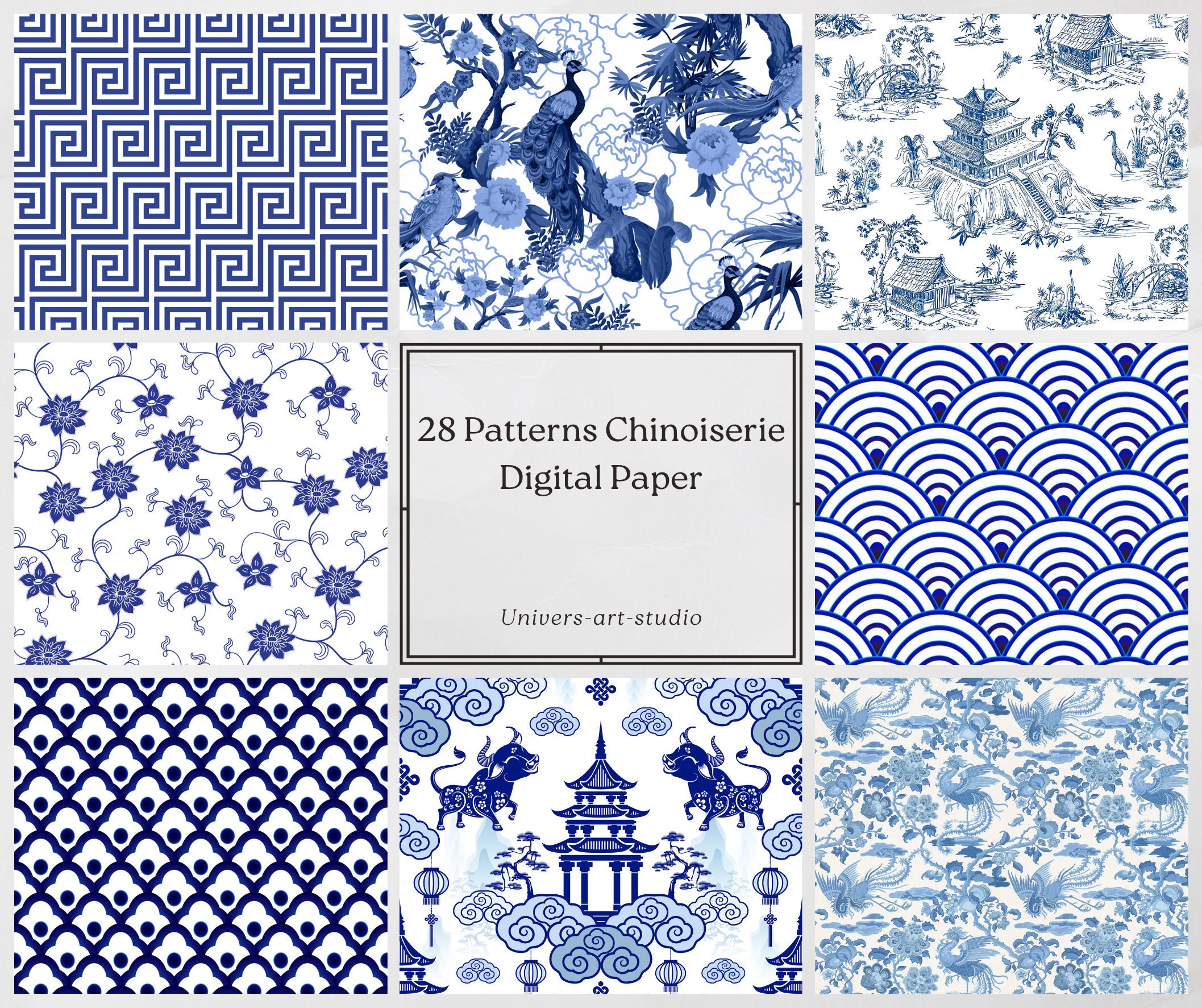 Digital Paper 28 Chinoiserie Patterns / Chinese Patterns, Blue and