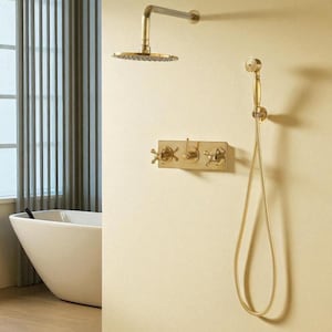 Unlacquered Brass Shower System with Rain Head, Handheld & Cross Handles