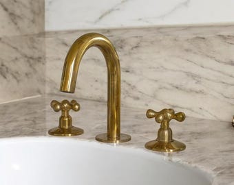 Unlacquered Solid Brass Bathroom Faucet: 3-Hole Deck Mount Vanity Sink