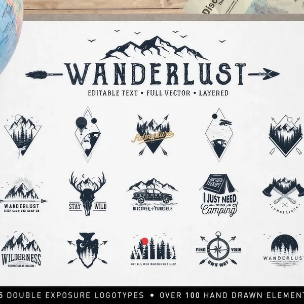 Wanderlust. 15 Double Exposure Logos , geometric style/ 100% hand drawn / editable text