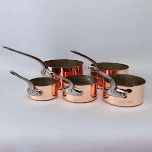 Vintage French Copper Cookware Set, 5 Piece Tin Lined Pots, 12cm-20cm, Vintage Hammered Pans with Cast Iron Handles