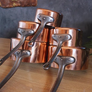 Vintage French Copper Cookware Set, 5 Piece Tin Lined Pots, 12cm-20cm, Vintage Hammered Pans with Cast Iron Handles