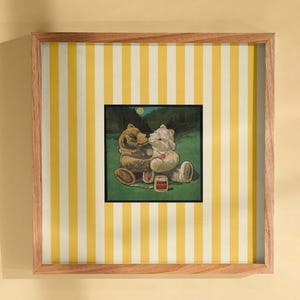 Vintage Teddy Bear Art Print, Cute Bear Couple Poster with Honey Jar, Whimsical Nursery Wall Decor, Retro Yellow Stripes Frame Look