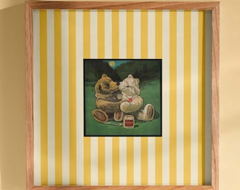 Vintage Teddy Bear Art Print, Cute Bear Couple Poster with Honey Jar, Whimsical Nursery Wall Decor, Retro Yellow Stripes Frame Look