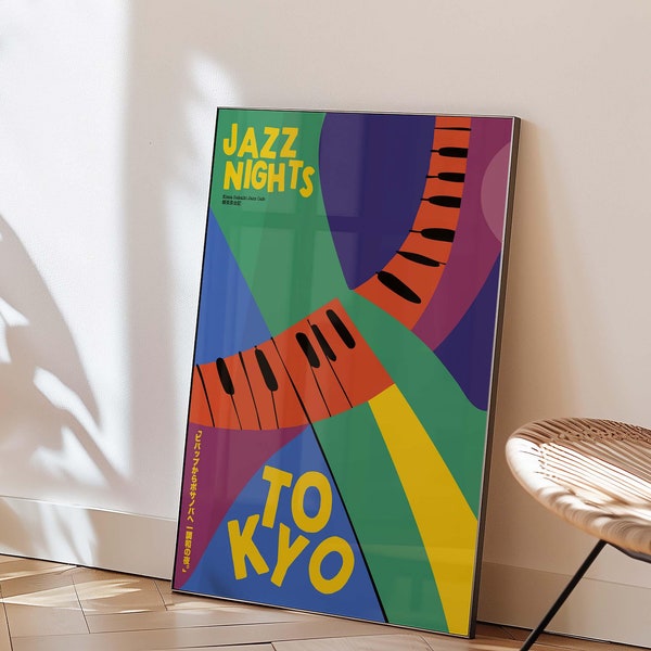 Japanse jazzposter: kleurrijke retro typografie - minimale vintage stijl