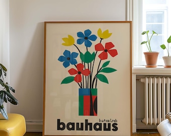Bauhaus Botanical Flower Poster, Minimal Wall Art, Colorful Print, Minimal Vintage Art Print, Retro Poster Print, Abstract Print