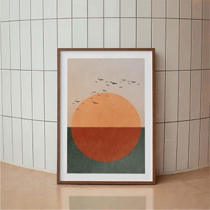 Arte moderno de mediados de siglo, impresión abstracta de atardecer, decoración de pared bohemia, arte mural de terracota, paisaje minimalista, póster de sol y pájaros en tonos tierra.