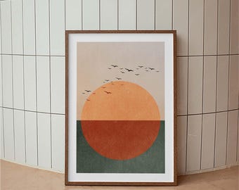 Arte moderna di metà secolo, stampa astratta del tramonto, decorazione murale boho, arte murale in terracotta, paesaggio minimalista, poster con sole e uccelli nei toni della terra