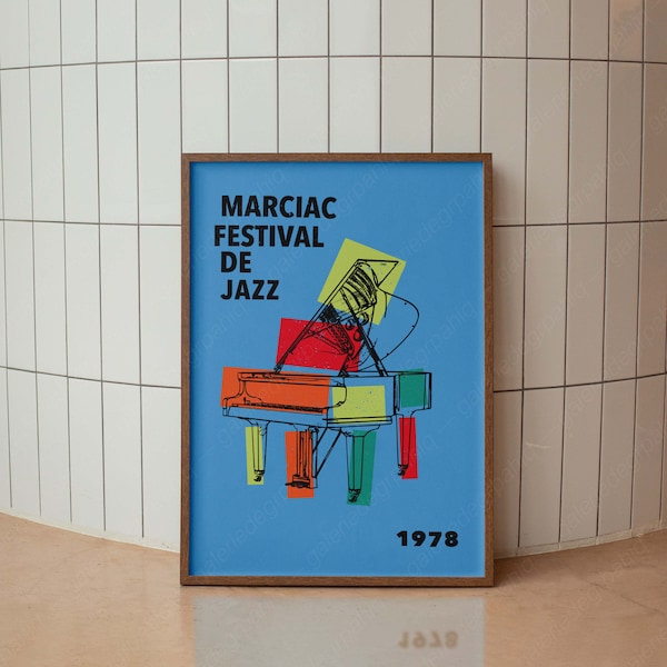 Marciac Jazz Festival Frankrijk vintage poster, poster jazzconcert, kleurrijke moderne poster, trendy muurkunst, vintage print, minimalistisch decor