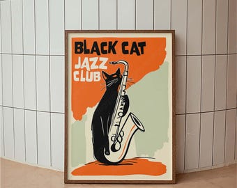 Black Cat Jazz Club Poster, Vintage Jazz Print, Modern Wall Art, Concert Wall Decor, Music Festival Print, Black Cat Decor, Orange and Green