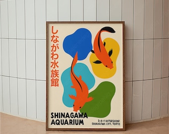 Japanese Aquarium Poster, Shinagawa Koi Fish Print, Retro Tokyo Art, Mid Century Modern Japan Wall Decor, Asian Fish Print