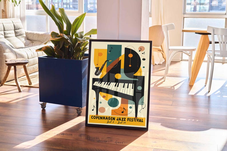 May include: A colorful poster with a black grand piano, a saxophone, and musical notes. The poster is titled "Copenhagen Jazz Festival" with the dates "Jul 5 - Jul 16".