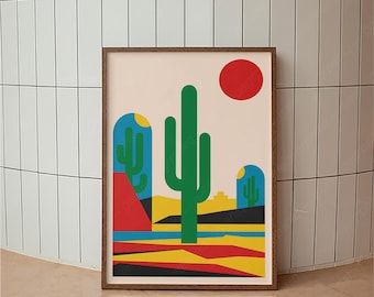 Poster colorato del deserto, stampa di viaggio vintage del sud-ovest, arte murale retrò con cactus, decorazione paesaggistica moderna di metà secolo