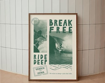 Vintage Surfing Poster, LA Venice to Zuma Surf Art Print, Retro Surf Decor, California Wave Wall Art, Coastal Minimalist Print, Beach House