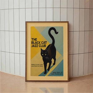 Poster vintage del club jazz con gatto nero, arte murale jazz, arredamento musicale, moderno di metà secolo, stampa retrò alla moda, arredamento per soggiorno e camera da letto