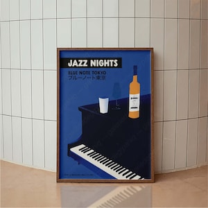 Póster de noches de jazz retro en Tokio, póster de jazz japonés, impresión tipográfica, impresión de arte vintage minimalista, impresión de póster retro, arte de jazz
