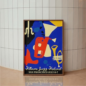 Póster del Festival de Jazz de Fillmore: impresión de jazz de San Francisco, arte de jazz abstracto, decoración de pared moderna de mediados de siglo, póster de música vintage minimalista