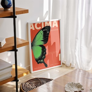 May include: A framed poster featuring a green and black butterfly wing on a red backdrop. The poster displays white text: "ACIMA ARTE EM SUSPENSO". It leans against a white wall, beside a white curtain. A wooden shelf and a woven basket are also visible.
