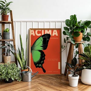 May include: A framed poster featuring a green and black butterfly wing on a red backdrop, with the word "ACIMA" at the top. The poster is surrounded by potted plants, including a wooden plant stand and a watering can.