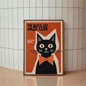 Póster de club de jazz de gato negro retro, póster de concierto de jazz, arte de jazz, arte de pared de moda, impresión vintage, decoración minimalista, decoración moderna de mediados de siglo