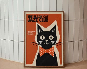 Retro Black Cat Jazz Club Poster, Jazz Concert Poster, Jazz Art, Trendy Wall Art, Vintage Print, Minimalist Decor, Mid Century Modern Decor