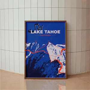 Retro Ski Lake Tahoe Poster, Vintage Travel Poster, Skiing Print, Mid Century Modern, Minimal Vintage Art Print, Cabin Decor