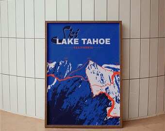 Retro Ski Lake Tahoe Poster, Vintage Travel Poster, Skiing Print, Mid Century Modern, Minimal Vintage Art Print, Cabin Decor