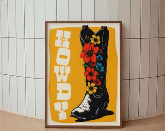 Howdy Floral Boot Poster – Western Floral Wall Art, Country Boho Print, Rustic Home Decor, Mid Century Modern, Western Home Decor, Cowgirl