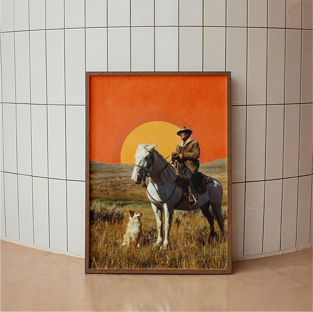 Cowboy Western Wall Art, Vintage Horse Rider Print, Retro Sunset ...