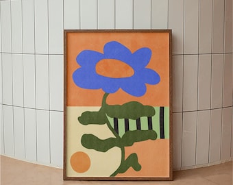Modern Floral Art Print, Blue Flower Abstract Poster, Mid Century Modern Wall Art, Colorful Botanical Print, Minimalist Home Decor