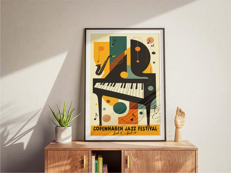 May include: A retro-style poster for the Copenhagen Jazz Festival, featuring a black grand piano with a saxophone, musical notes, and geometric shapes in shades of yellow, green, orange, and brown. The text reads "Copenhagen Jazz Festival, Jul 5 - Jul 14."