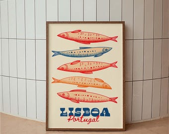 Lisbon Portugal Sardine Poster, Handmade Poster, Retro Print, Mid Century Modern, Minimal Vintage Art Print, Home Decor, Europe Travel Art