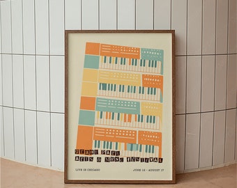 May include: A poster advertising the Grant Park Arts & Music Festival in Chicago. The poster features a colorful illustration of a keyboard with the text "Grant Park Arts & Music Festival" and "Live in Chicago" in the bottom left corner. The dates "June 12 - August 17" are in the bottom right corner.
