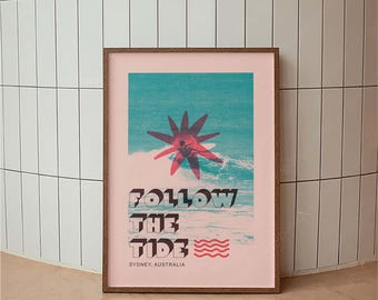 Póster de surf vintage, impresión artística de Sídney, Australia, decoración retro de surf, arte mural de olas australianas, impresión minimalista costera, casa de playa