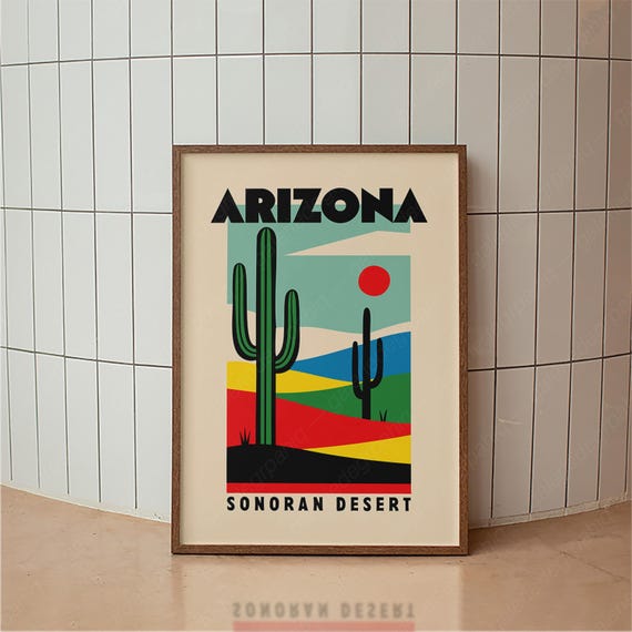 Arizona Sonoran Desert Poster, Vintage Southwest Travel Print, Retro Cactus Wall Art, Mid-Century Modern Landscape Decor
