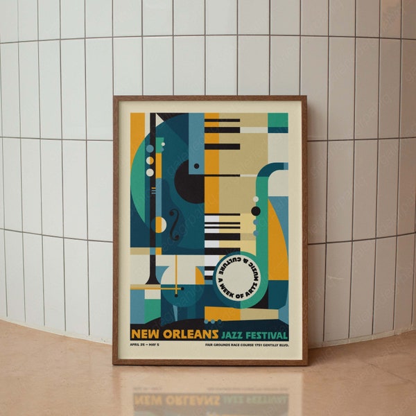 New Orleans Jazz Festival Poster, Concert Poster, Typography Print, Mid Century Modern, Minimal Vintage Art Print, Retro Poster Print