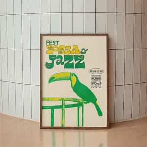Póster vintage de tucán de jazz bossa nova, póster retro de Brasil, impresión de bossa nova, impresión de arte minimalista, decoración de pared de festival de jazz, arte de pared tropical