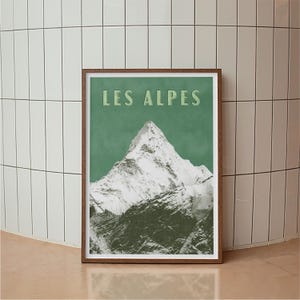 Les Alpes Print, Vintage Alps Travel Poster, French Alps Wall Art, Sage Green Decor, Mountain Peak Art, Retro Ski Lodge Decor, Cabin Art