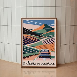 Retro Italy by Car Travel Poster, Europe Poster, Illustrated Print, Mid Century Modern, Minimal Vintage Art Print, Retro Poster Print