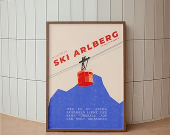 Ski Arlberg Austria Poster, Vintage St. Anton Travel Print, Retro Skiing Wall Art, Alps Gondola, Ski Lodge Decor, German Quote Art