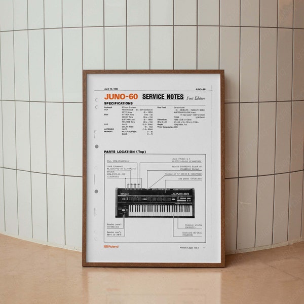 Printable Wall Art - Roland Juno 60 Synthesizer Poster, Vintage Manual Print, Minimal Typographic Poster, Keyboard Synth Retro Print