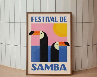 Plakat festiwalu Tukan Samba, sztuka modernistyczna z połowy XX wieku, typografia retro, dekoracja ścienna z brazylijskimi ptakami tropikalnymi, kolorowa sztuka samby