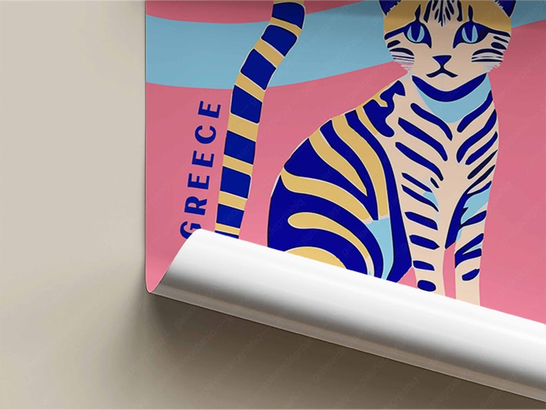May include: A colorful poster with a blue and yellow striped cat on a pink background. The poster has the word "GREECE" written vertically in blue letters.